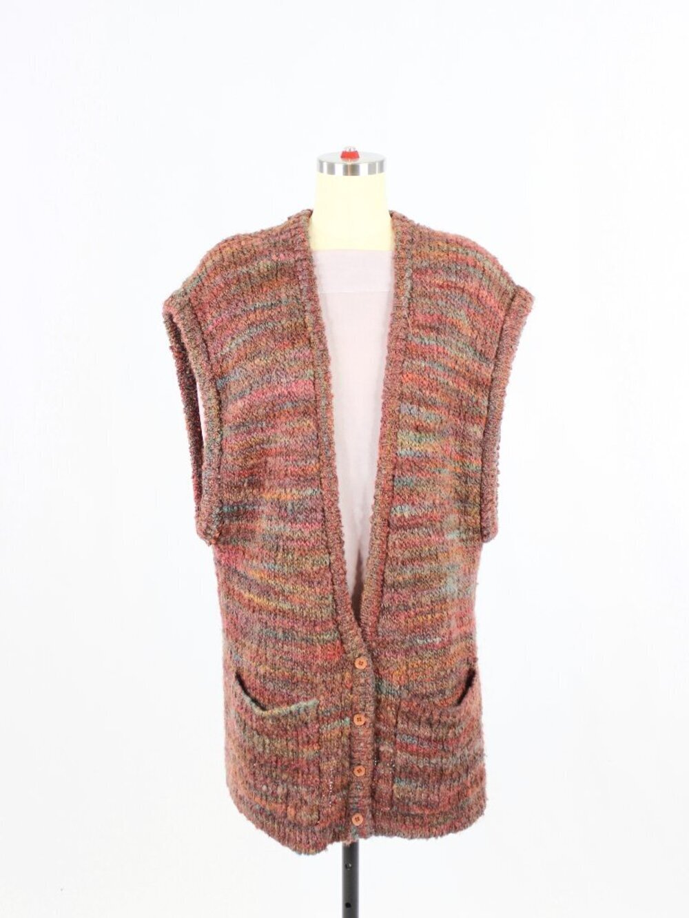 Vintage CHRISTIAN DIOR Red Marled Wool Knit Oversized V-Neck Cardigan, Size L